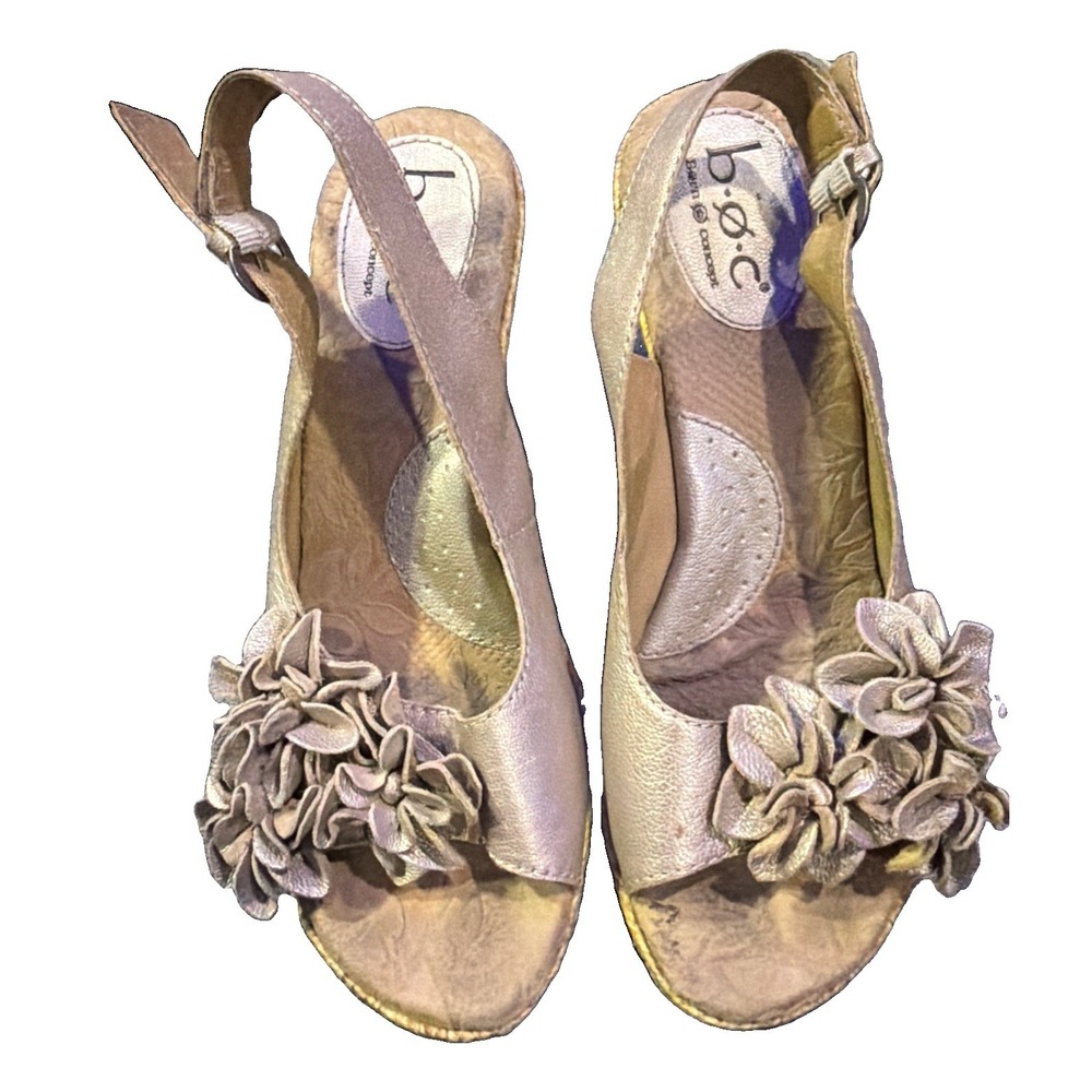 BOC Born Concept Womens 7 Metallic Leather Floral Slingback Wedge Sandals Boho